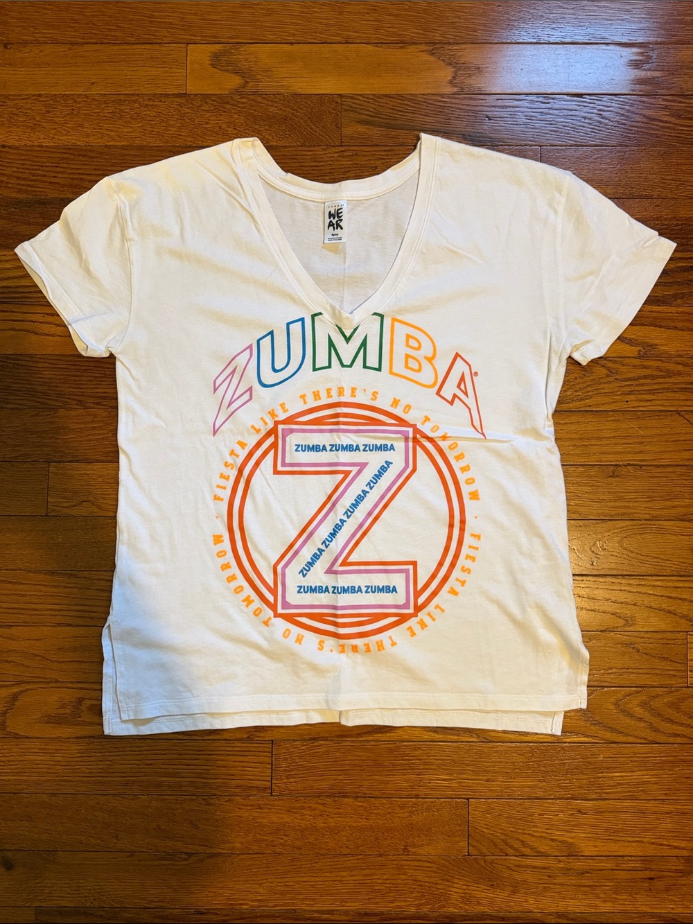 Zumba Fitness White V-Neck Tee with Multicolor Logo